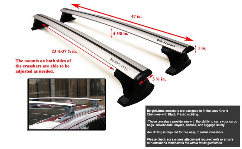 BRIGHTLINES Heavy Duty Anti-Theft Premium Aluminum Roof Bars Roof Rack Crossbars Compatible with 2011-2021 Jeep Grand Cherokee with Roof Black Plastic Moldings (Black) - Exclusive From ASG Auto Sports